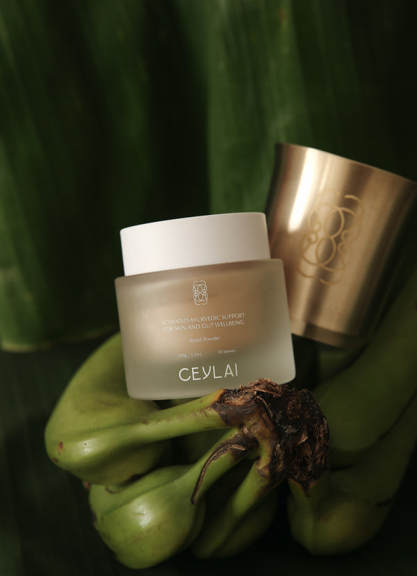 Ceylai Activated Ayuvedic Reset Powder for skin and gut wellbeing.
Designed to support gut balance, digestive harmony, and microbial resilience, CEYLAI Reset Powder works from within to help restore clarity, calm, and hydration throughout the body — including the skin.
When internal systems are under strain, the body responds through digestion, inflammation, energy levels, and skin appearance. Reset Powder is formulated to support the body’s innate regulatory processes.