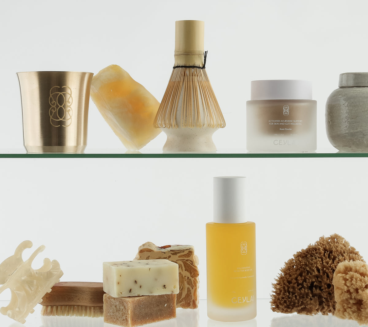 Collection of Ceylai products on a bathroom shelf.