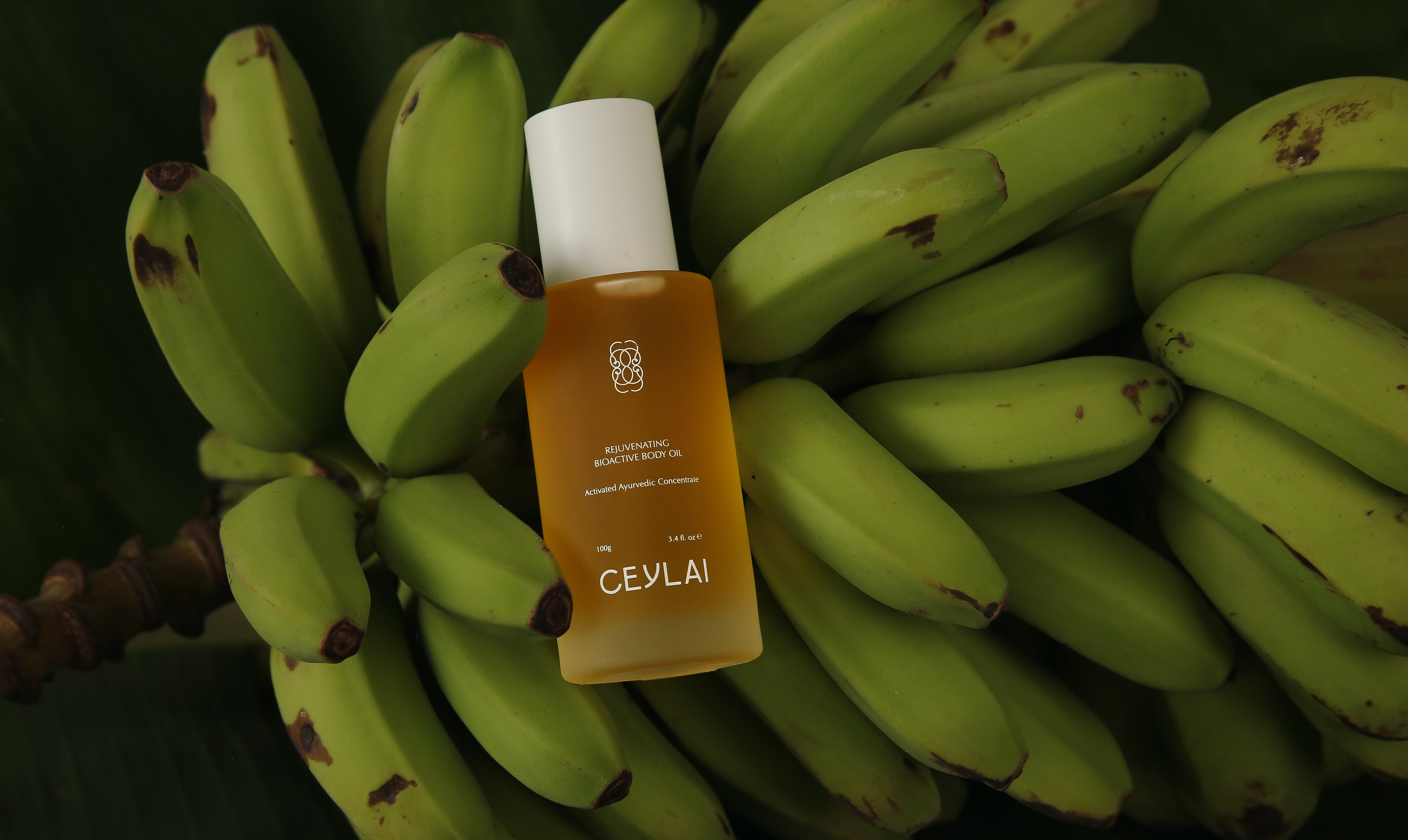 Ceylai Rejuvenating Bioactive Body Oil on Green Bananas.
Rooted in Ayurvedic tradition and guided by modern skin science, the formula respects the skin as a living system reinforcing barrier function, reducing transepidermal water loss, and restoring comfort over time.Fast-absorbing yet deeply nourishing, the silky texture melts effortlessly into the skin, sealing in moisture while leaving the body soft, supple, and quietly luminous. Subtly scented through the natural character of the oils.
