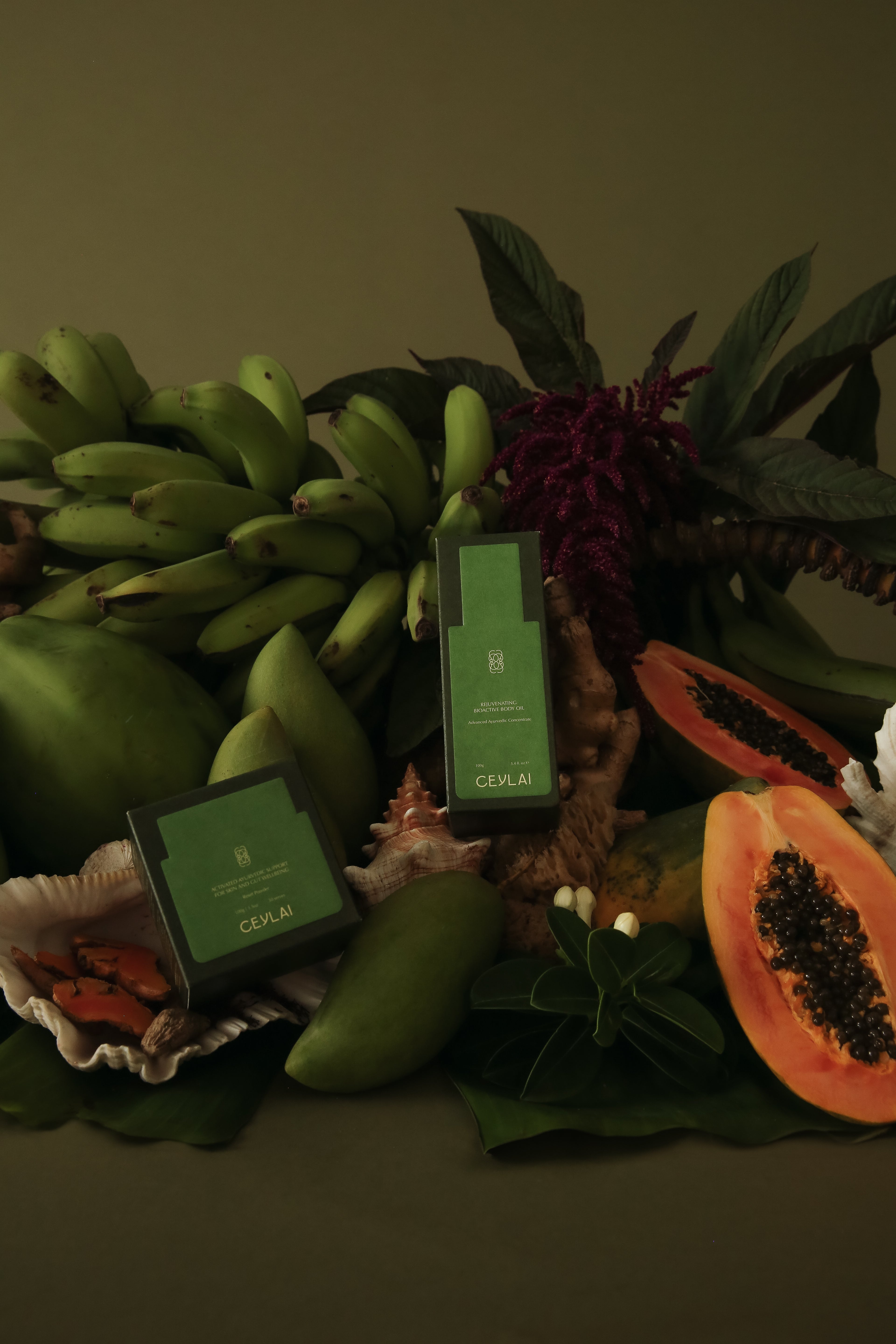 Ceylai Reset Powder and Body Oil on lush tropical background
