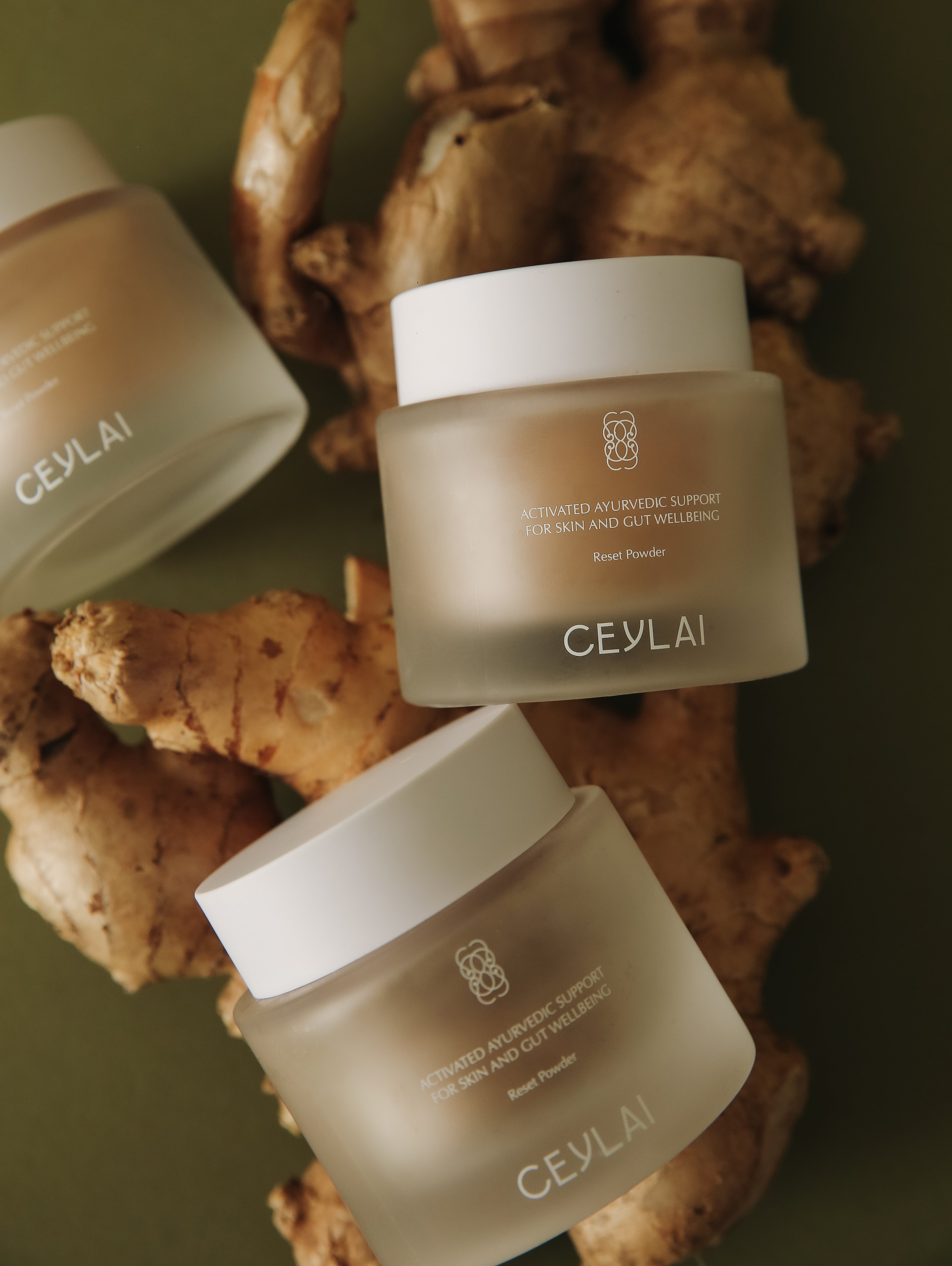 Three jars of Ceylai gut powder product on a natural background